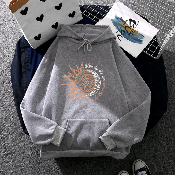 Damen Kapuzenpullover mit Sonn-und-Mond-Mandala, Kängurutasche und angerautem Fleece – Auréline
