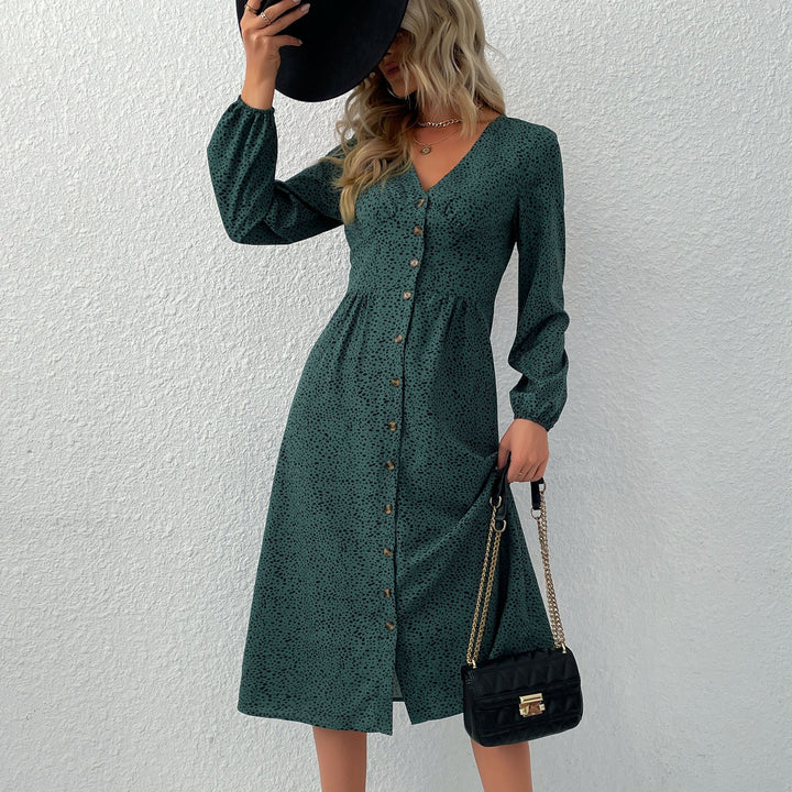 Damen V‑Ausschnitt Midikleid mit Knopfleiste, taillierter Schnitt und Ballonärmeln Echoarchiv