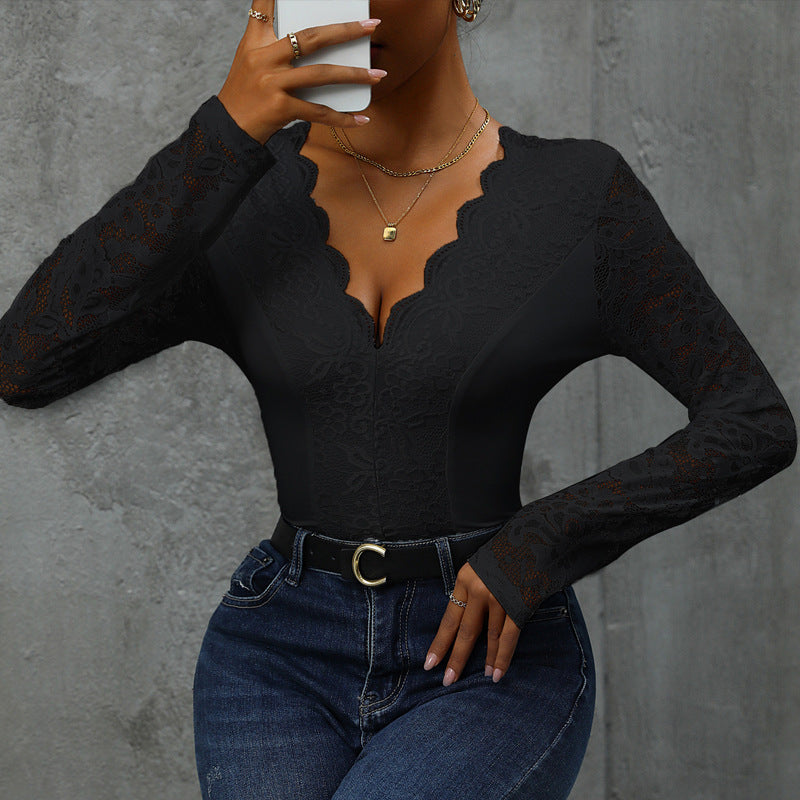 Damen Spitze Bodysuit mit V-Ausschnitt und langen Ärmeln Echoarchiv