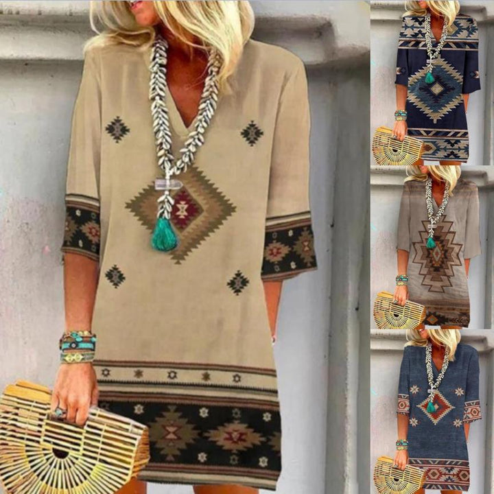 Damen Boho Tunika Kleid mit V-Ausschnitt, 3/4 Ärmeln und geometrischem ethnischem Druck – Lunéa