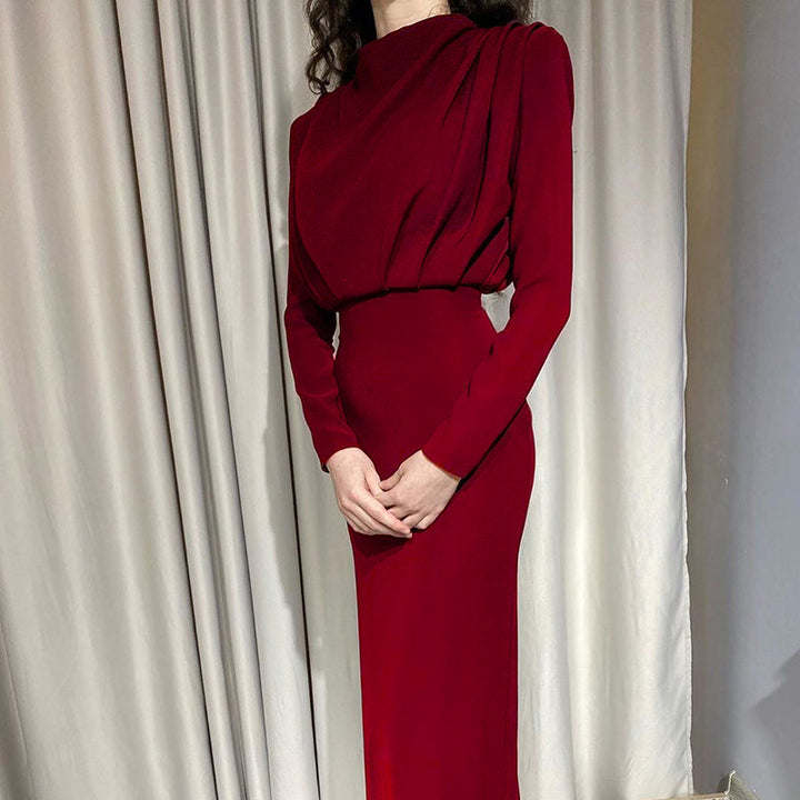 Damen nan elegantes Midikleid mit Drapierter Wasserfall-Front, taillierter Bleistift-Silhouette und langen Ärmeln Echo Archiv