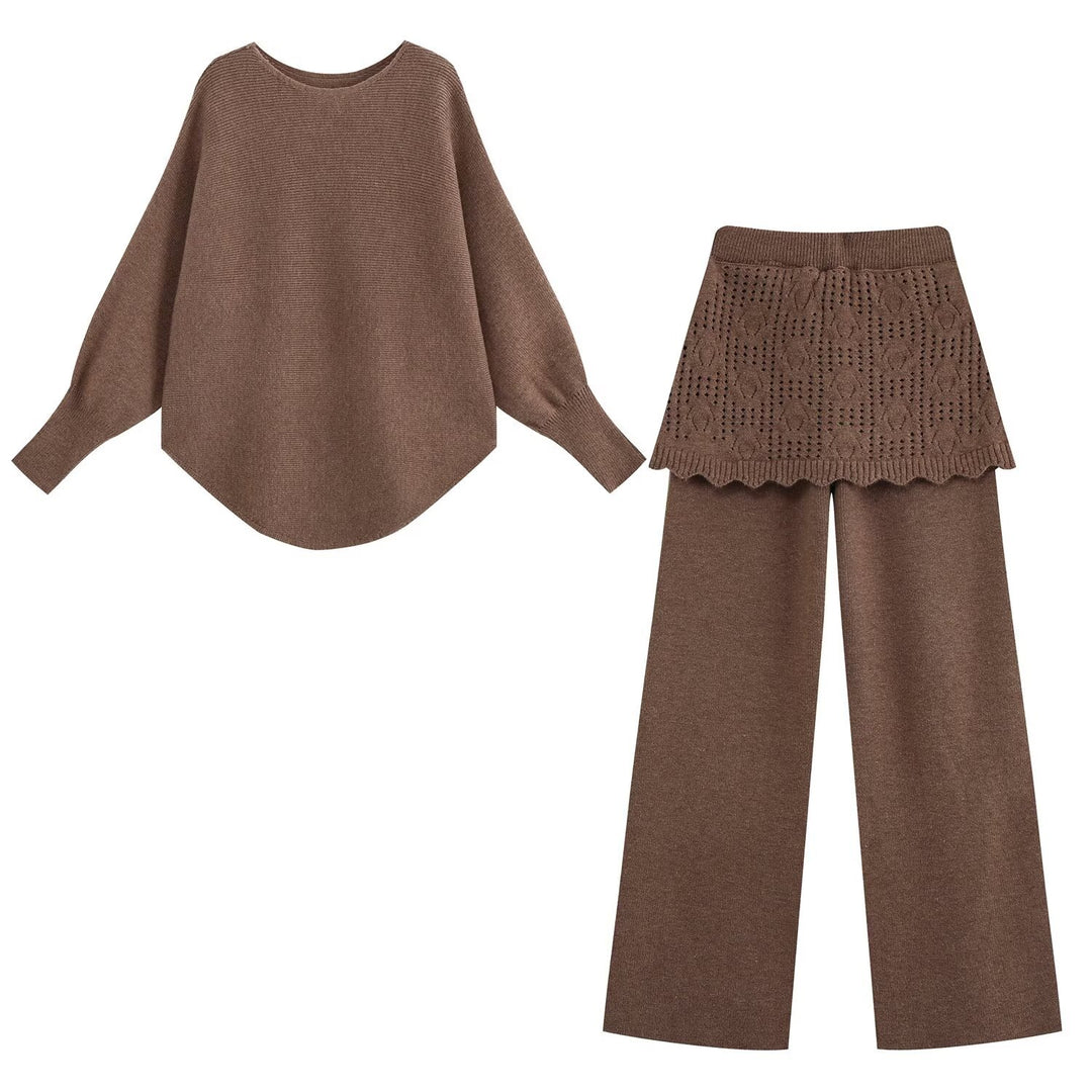 Damen Zweiteiliges Strick-Set mit Oversize-Pullover, Lochmuster-Miniüberrock und weiter Palazzohose Echoarchiv
