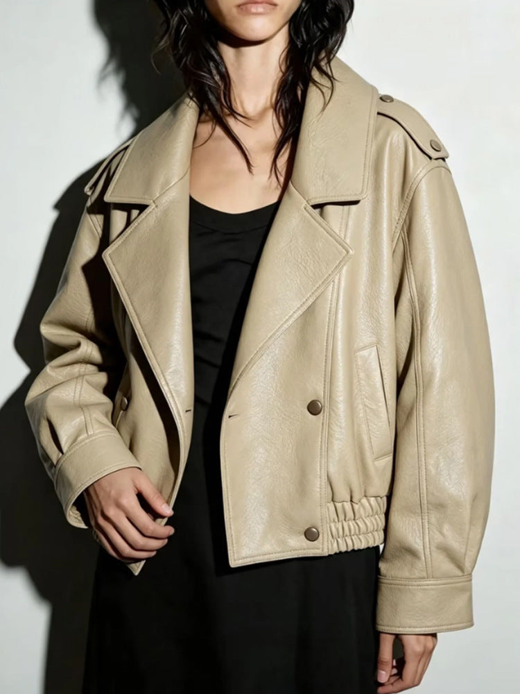 Damen Oversize Lederimitat-Blouson mit doppelreihiger Knopfleiste, weitem Revers und elastischem Saum Echoarchiv