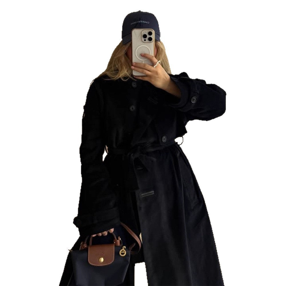 Damen langer Cord-Trenchcoat mit Bindegürtel und Oversize-Schultern Echoarchiv
