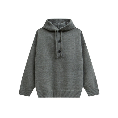 Damen Oversize Kapuzenstrickpullover mit halber Knopfleiste und Rippbündchen Echoarchiv