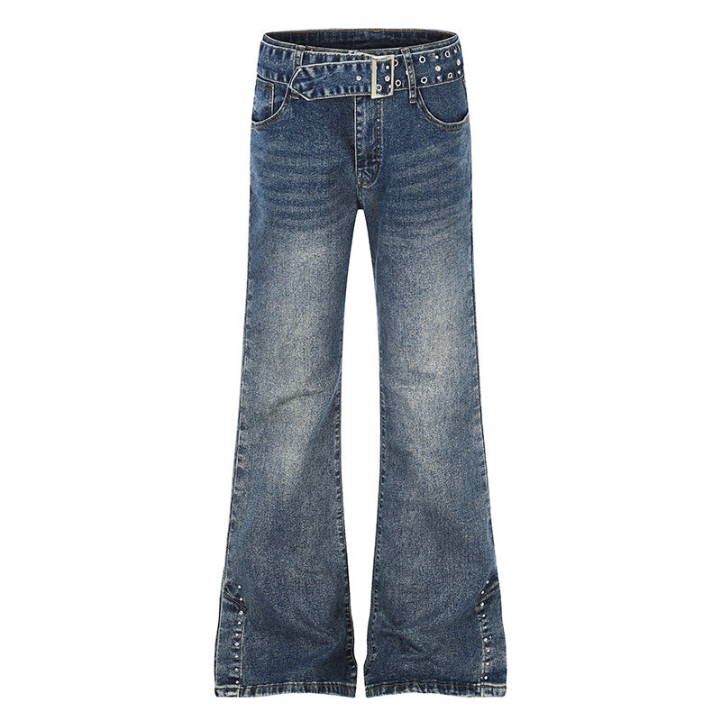 Damen High-Waist Flared-Denimjeans mit Nietenbesatz, weitem Schlag und Ziergürtel Echoarchiv