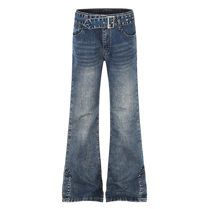 Damen High-Waist Flared-Denimjeans mit Nietenbesatz, weitem Schlag und Ziergürtel Echoarchiv