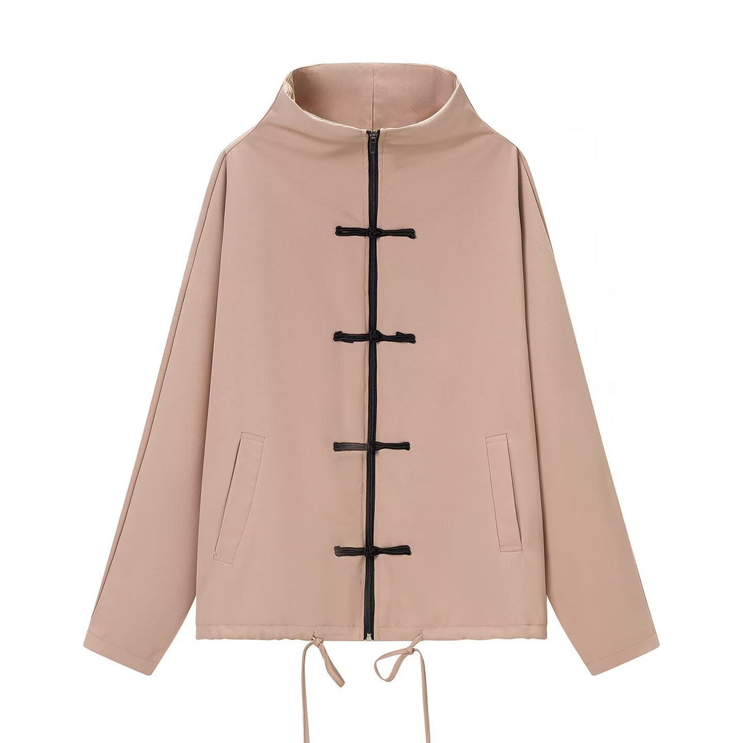 Damen leichte Boxy-Jacke mit Stehkragen, Zipper-Front, Kordelzug und dekorativen Knotenverschlüssen Echo Archiv