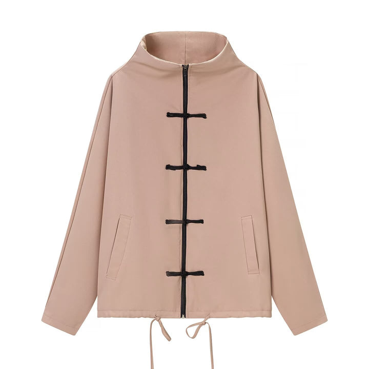 Damen leichte Boxy-Jacke mit Stehkragen, Zipper-Front, Kordelzug und dekorativen Knotenverschlüssen Echo Archiv