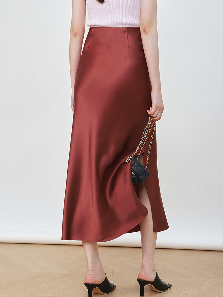 Damen Eleganter Hochtaillierter Satin-Midirock Echoarchiv