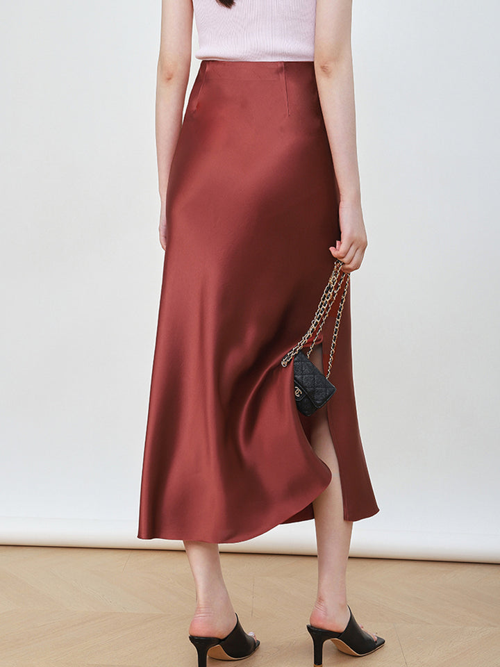 Damen Eleganter Hochtaillierter Satin-Midirock Echoarchiv