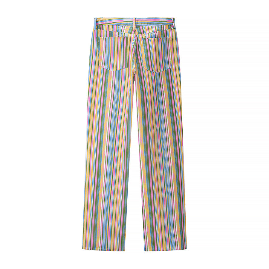 Damen Gestreifte gerade geschnittene Hose mit hoher Taille und Fünf-Taschen-Schnitt Echo Archiv