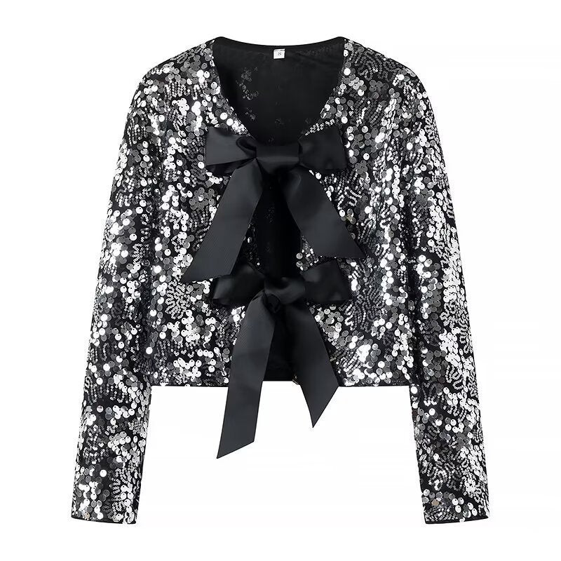 Damen Kurzjacke mit Paillettenbesatz und Zierschleifen-Front Echo Archiv