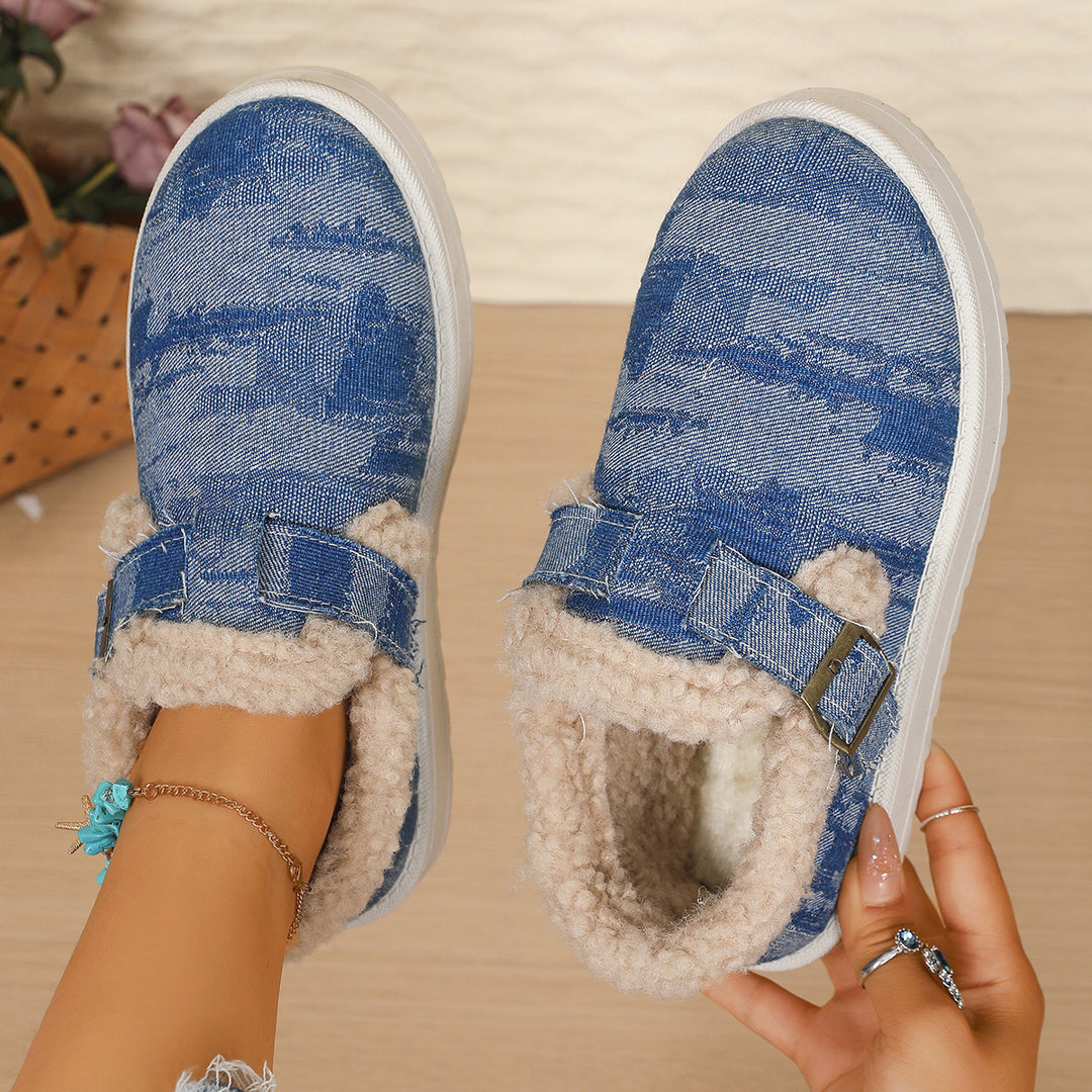 Damen Gefütterte Denim-Slip-On Hausschuhe mit Teddyfutter und verstellbarem Schnallenriemen Echo Archiv