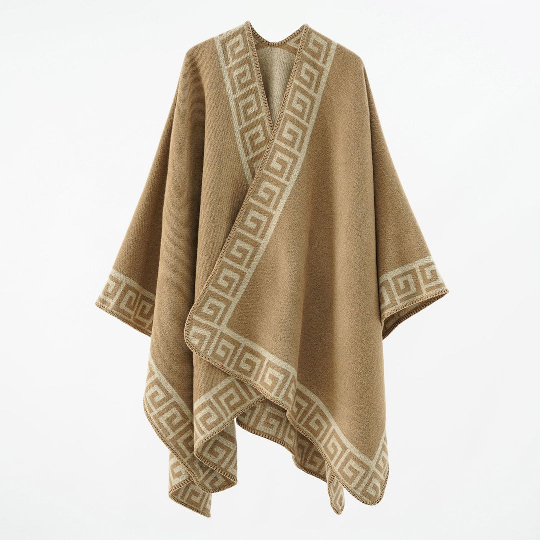 Damen Cape‑Poncho mit Mäander‑Bordüre und Wollmix‑Qualität – Montévia