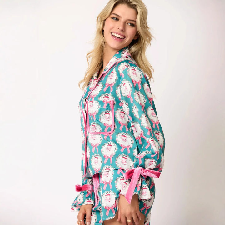 Damen nan verspieltes zweiteiliges Pyjama-Set mit Volantärmeln, Kordelzug und Brusttasche Echo Archiv