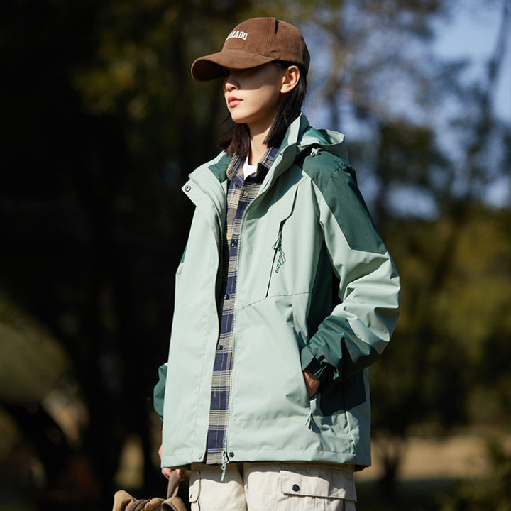 Damen zweilagige wasserabweisende Outdoorjacke mit Kapuze, Taillenregulierung und Kontrastbesätzen Echoarchiv