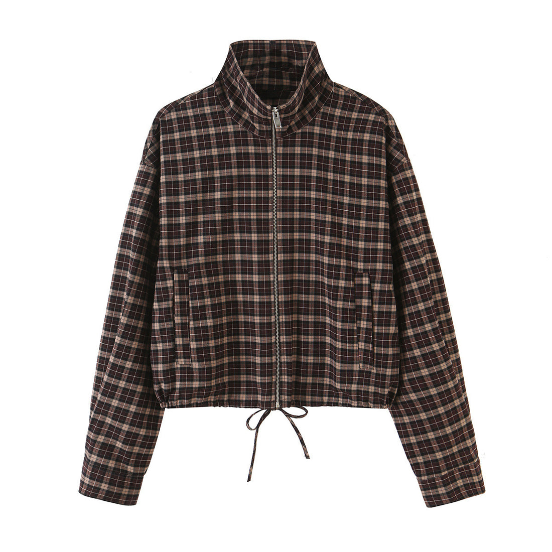 Damen Karierter Cropped-Blouson mit Stehkragen, Tunnelzugsaum und Eingrifftaschen Echoarchiv