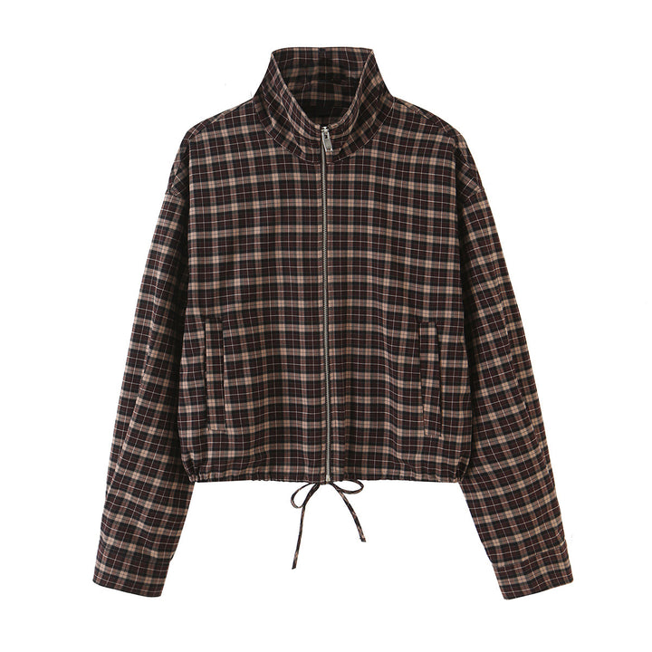Damen Karierter Cropped-Blouson mit Stehkragen, Tunnelzugsaum und Eingrifftaschen Echoarchiv