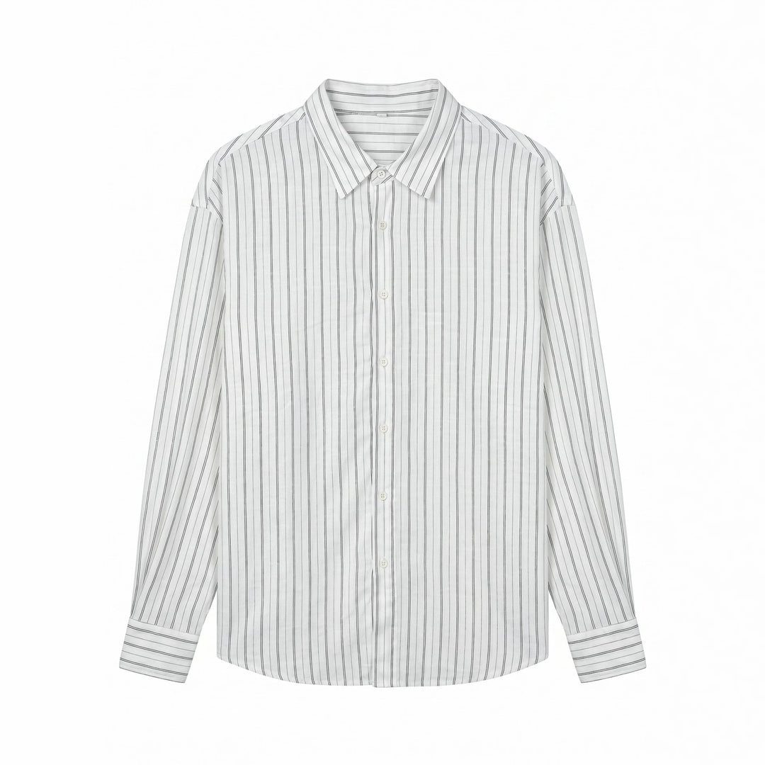 Unisex Langes Relaxed-Fit Streifenhemd mit Kentkragen und abgerundetem Saum Echoarchiv