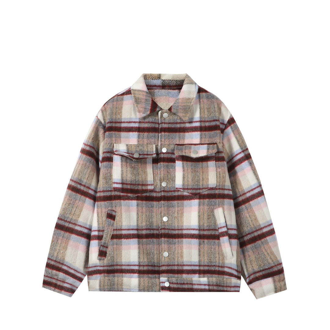 Damen Kurz geschnittene karierte Overshirt‑Jacke aus Wollmix mit Druckknopf‑Front und Pattentaschen Echoarchiv