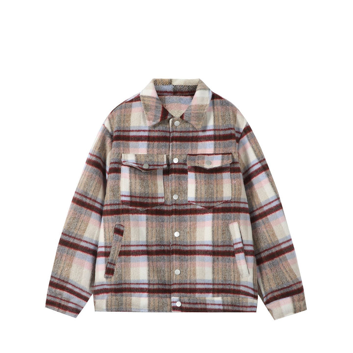 Damen Kurz geschnittene karierte Overshirt‑Jacke aus Wollmix mit Druckknopf‑Front und Pattentaschen Echoarchiv