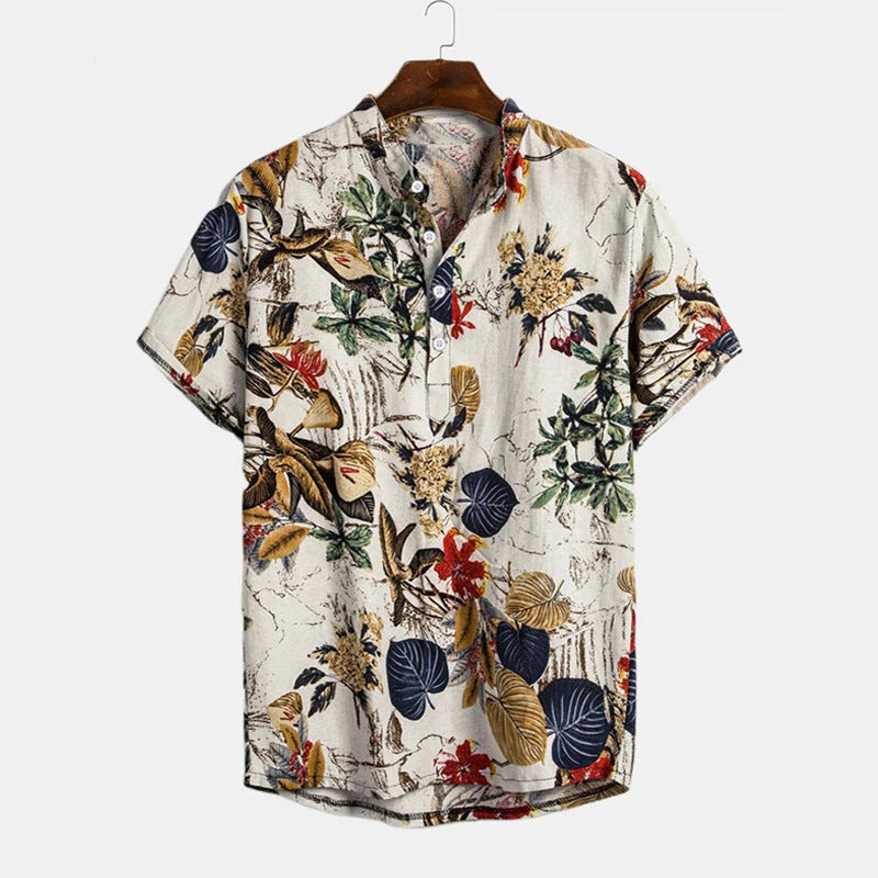 Herren Kurzarm-Henley-Hemd mit floralem Design und hochwertigem Baumwollmaterial Echoarchiv