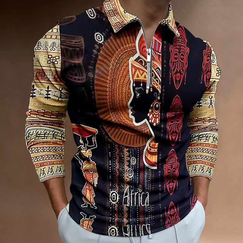 Herren Zip-Up Shirt mit kunstvollem Ethno-Design und elastischen Ärmelabschlüssen Echoarchiv