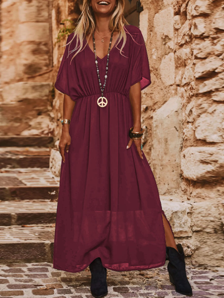 Damen Fließendes Maxikleid mit V-Ausschnitt, elastischem Taillenband und hohem Beinschlitz Echoarchiv