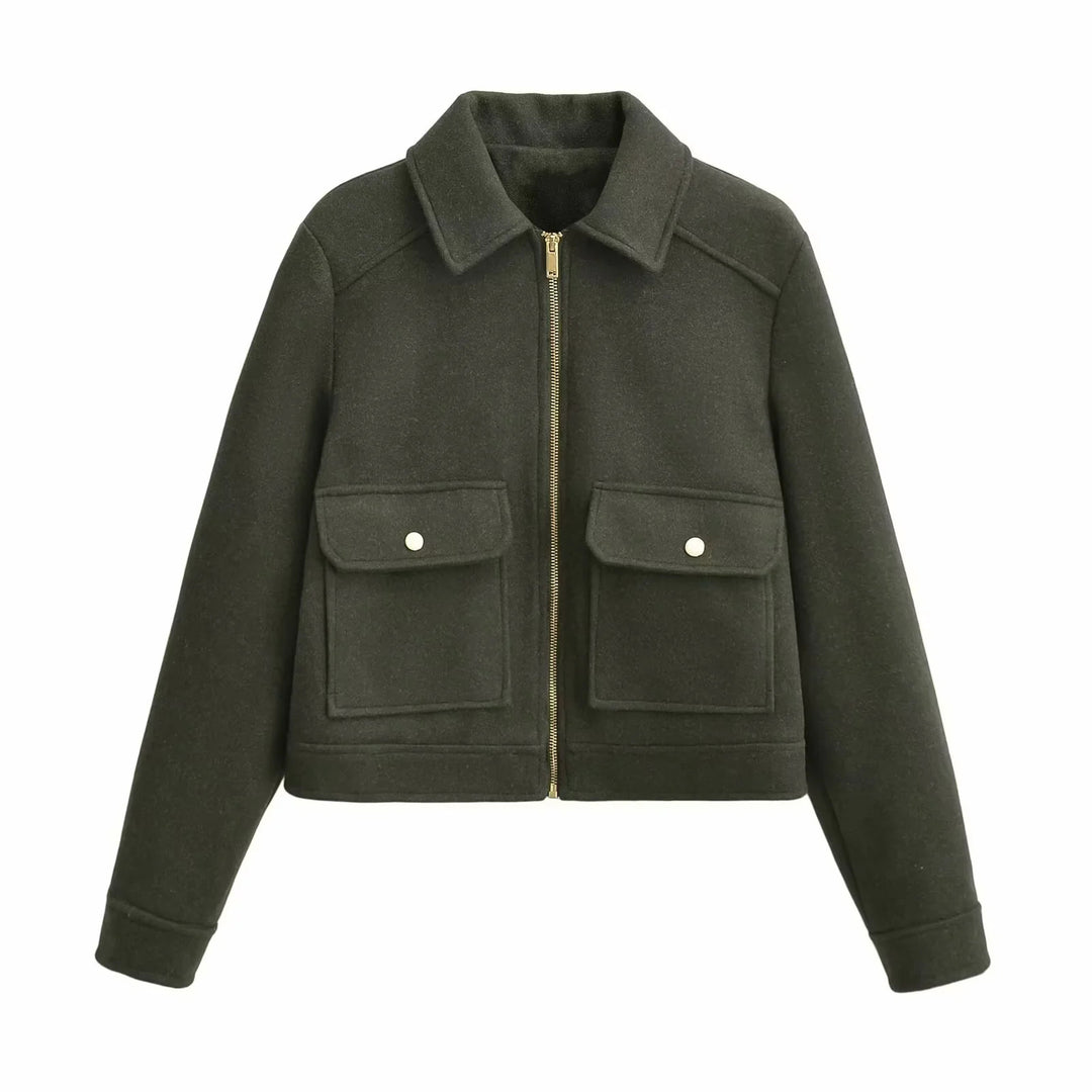 Damen boxy Wollblend Shacket mit verdecktem Metallreißverschluss, Hemdkragen und aufgesetzten Pattentaschen – Célinea