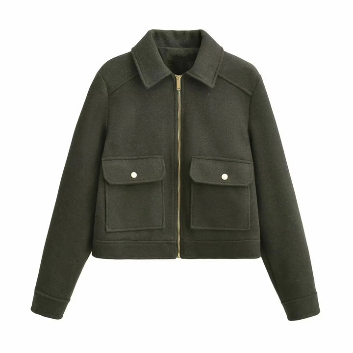 Damen boxy Wollblend Shacket mit verdecktem Metallreißverschluss, Hemdkragen und aufgesetzten Pattentaschen – Célinea
