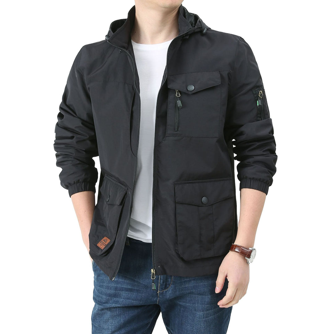 Herren  Kapuzen leichte Utility-Feldjacke mit Mehrfachtaschen, Reißverschluss und Druckknopfverschluss Echo Archiv