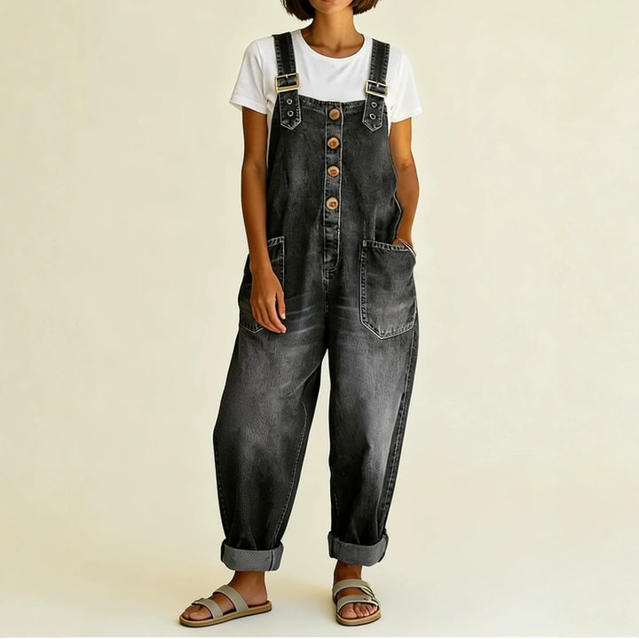 Damen Weite Denim-Latzhose mit Knopfleiste, verstellbaren Trägern und aufgesetzten Taschen Echoarchiv