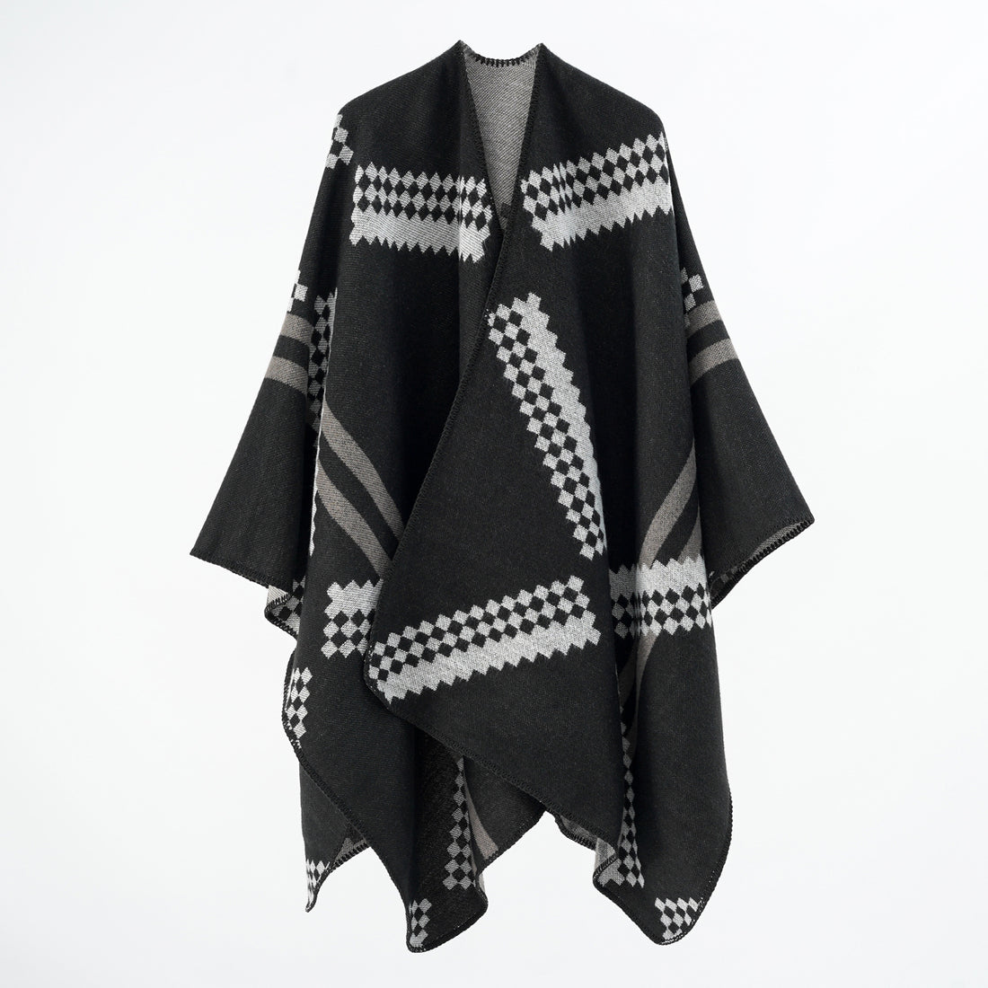 Damen Oversize-Umhangponcho aus Wollmix mit geometrischem Jacquard und Ziernaht – Célinea