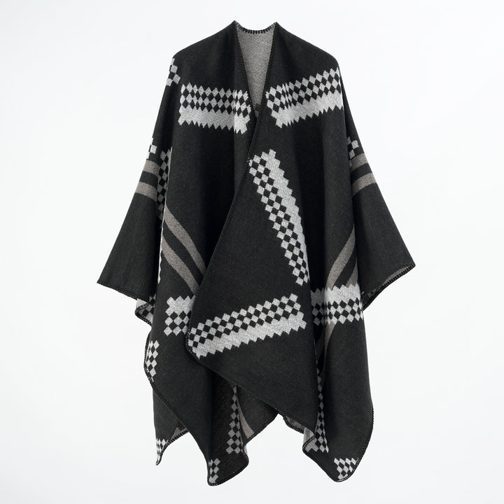 Damen Oversize-Umhangponcho aus Wollmix mit geometrischem Jacquard und Ziernaht – Célinea