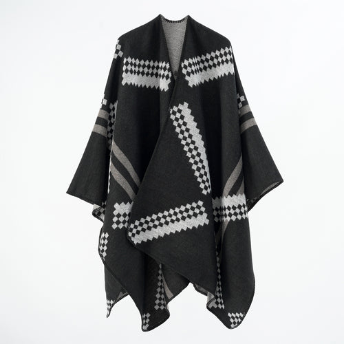 Damen Oversize-Umhangponcho aus Wollmix mit geometrischem Jacquard und Ziernaht – Célinea