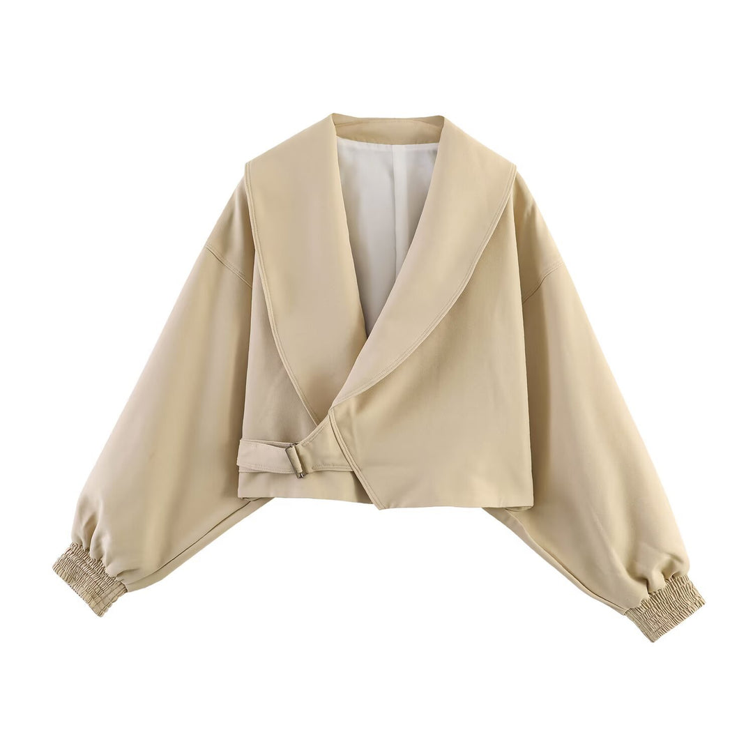 Damen Oversized Cropped-Jacke mit großem Schalkragen, Taillenriegel und Ballonärmeln Echo Archiv