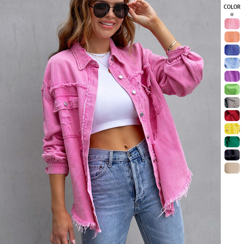 Damen nan oversized Utility-Denim-Hemdjacke mit Fransenbesatz und aufgesetzten Pattentaschen Echo Archiv