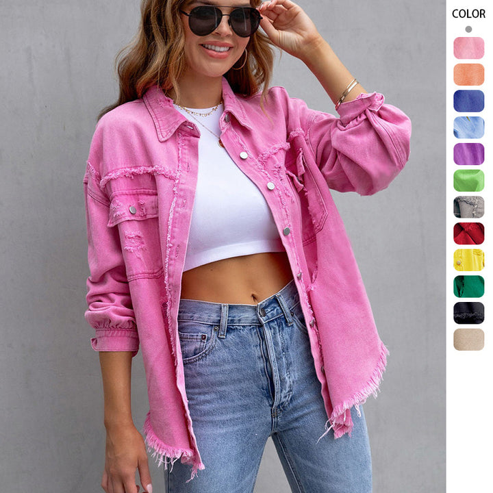 Damen nan oversized Utility-Denim-Hemdjacke mit Fransenbesatz und aufgesetzten Pattentaschen Echo Archiv