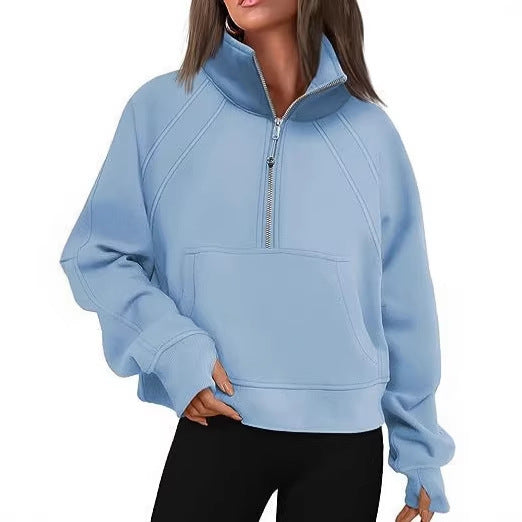 Damen nan weit geschnittenes Kurzpullover mit Stehkragen, halbem Reißverschluss und Kängurutasche Echo Archiv