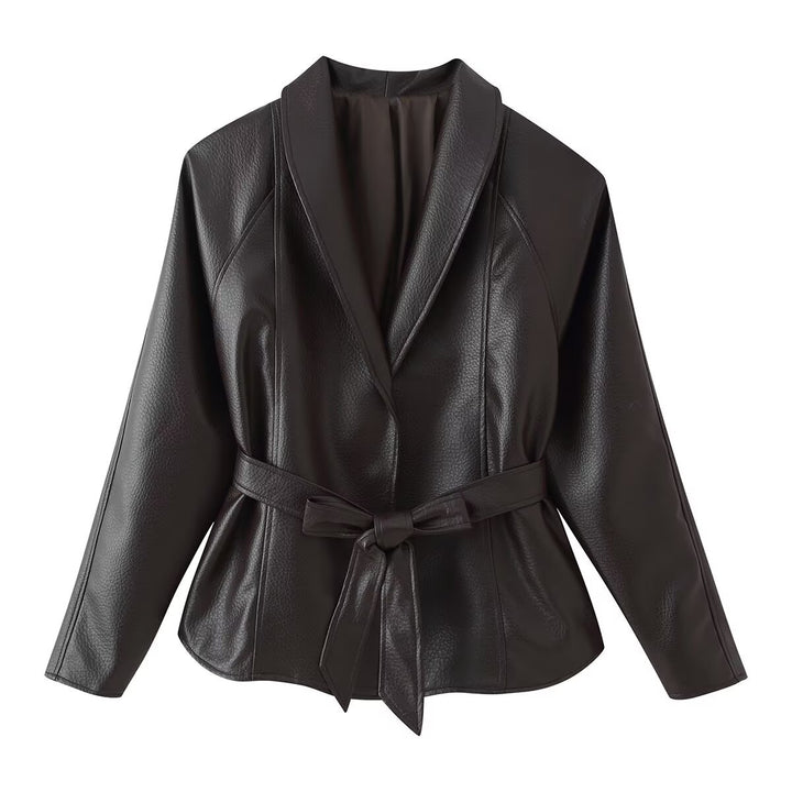 Damen Taillierter Bindegürtel-Lederblazer mit Schalkragen Echo Archiv