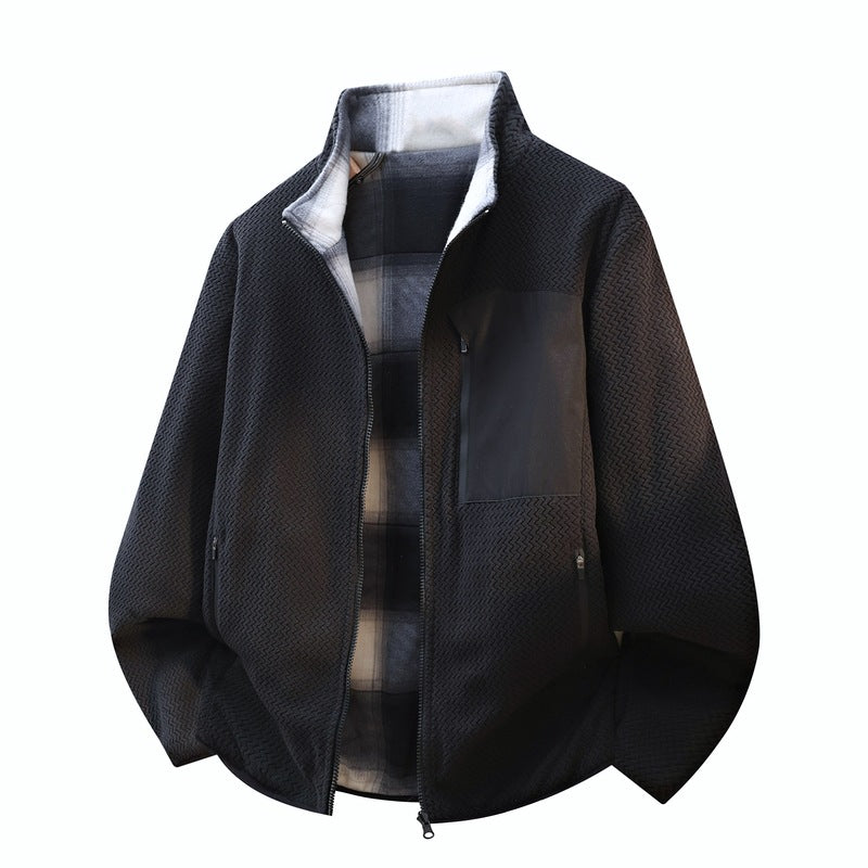 Herren strukturierte Fleece-Overlay-Jacke mit kontrastierender Brusttasche und Zwei-Wege-Reißverschluss – Taviero