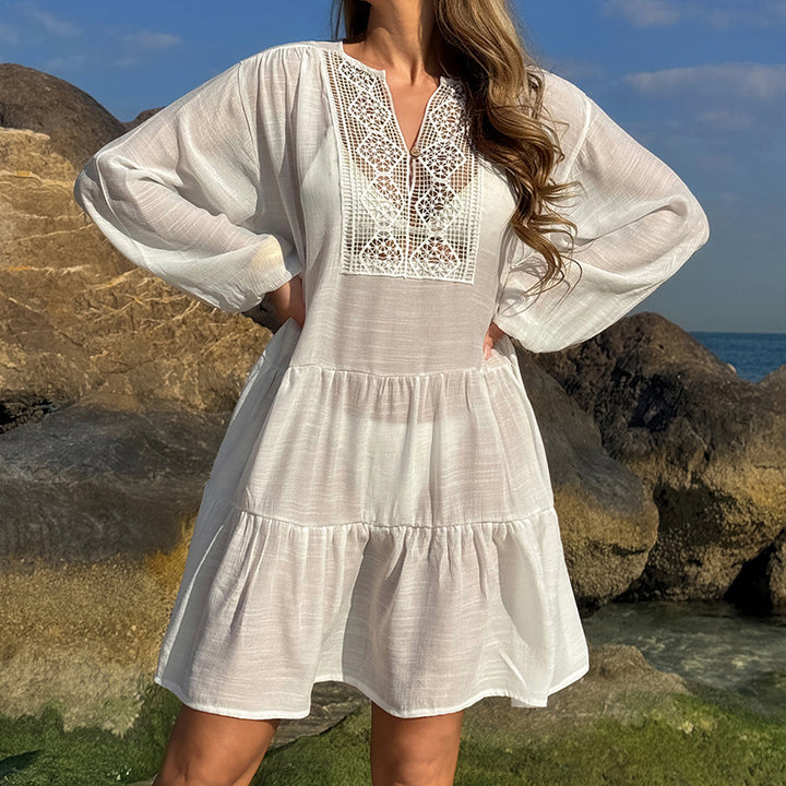 Damen luftiges Strandkleid mit Spitzenbesatz und Wasserfall-Saum Echo Archiv
