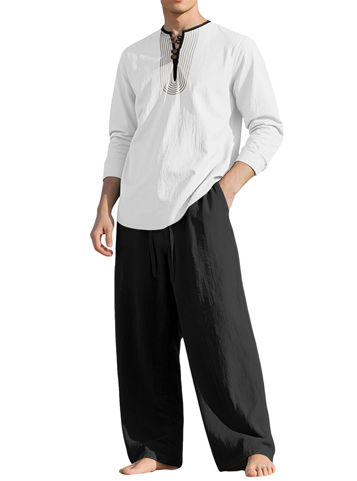 Herren nan Tunika- und Palazzohose-Set mit Henley-Blende, Zierstickerei und weitem Schnitt Echo Archiv