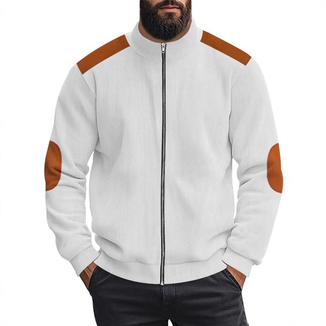 Herren Strickjacke mit modernen Lederakzenten und hoch geschlossenem Kragen Echoarchiv