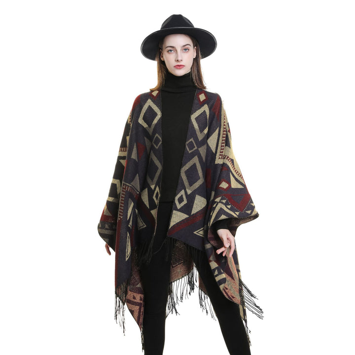 Damen Gewebter Ruana-Umhang aus Wollmix mit grafischem Ethno-Jacquard und langen Fransen – Avérine