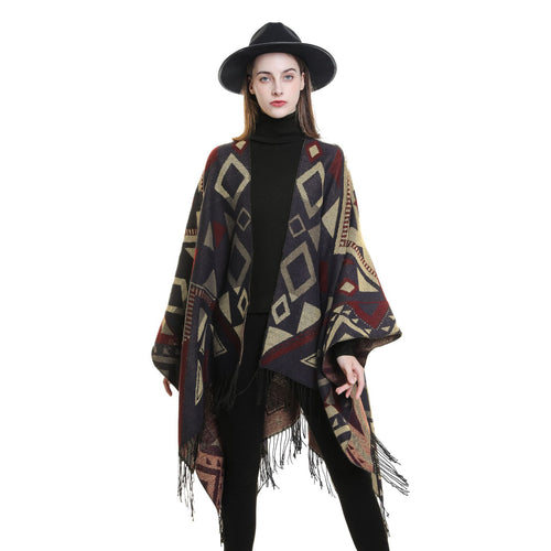 Damen Gewebter Ruana-Umhang aus Wollmix mit grafischem Ethno-Jacquard und langen Fransen – Avérine