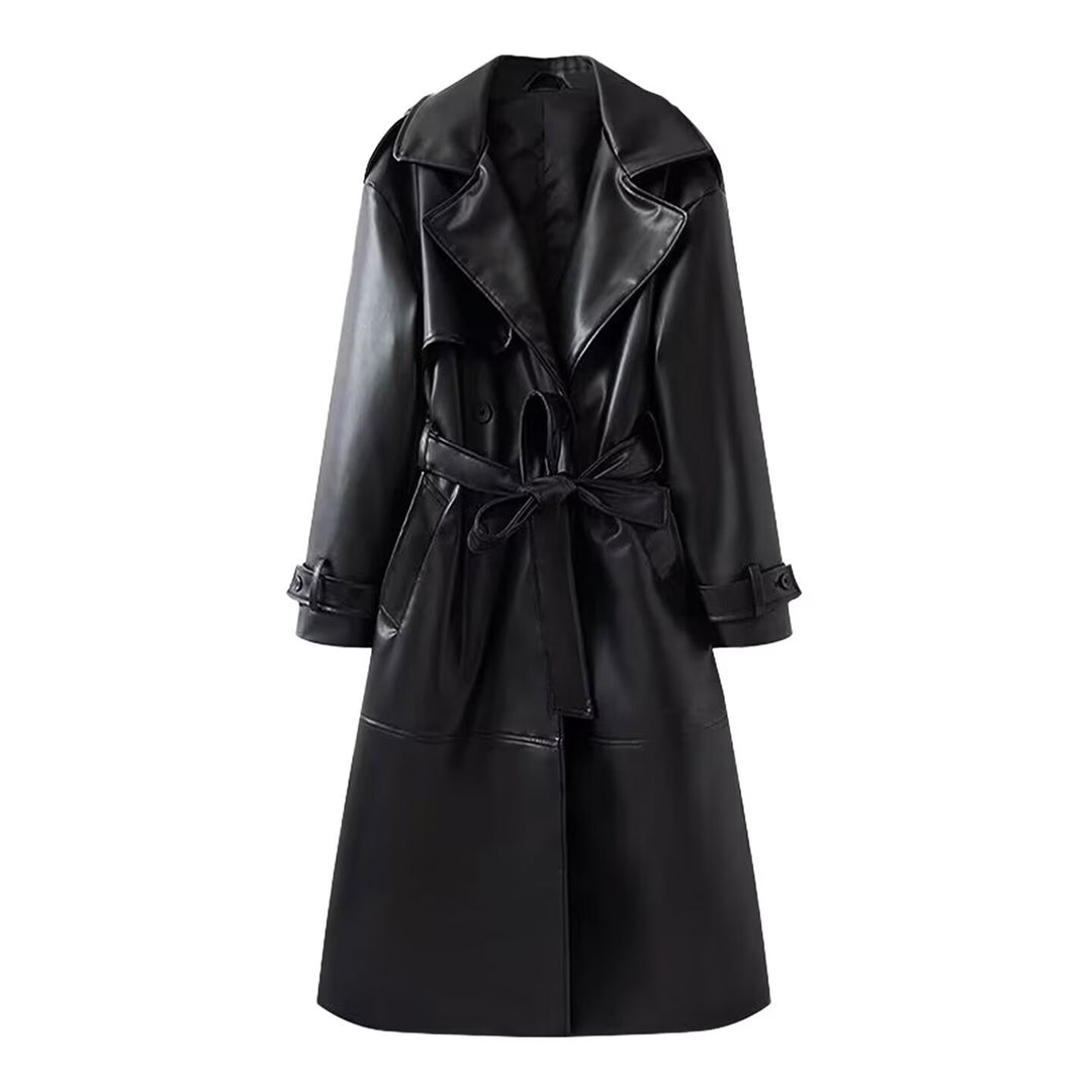 Damen 40+ langer Trenchcoat aus Kunstleder mit Taillengürtel und doppelreihiger Knopfleiste Echo Archiv