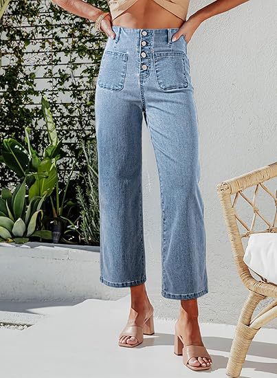 Damen High-Waist Jeans mit Knopfdetail und weitem Bein Echo Archiv