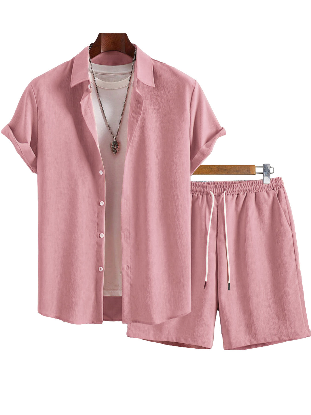 Herren nan Crinkle-Lounge-Set mit offenem Revershemd, integriertem Kurzarm-T-Shirt und Kordel-Bermuda Echo Archiv